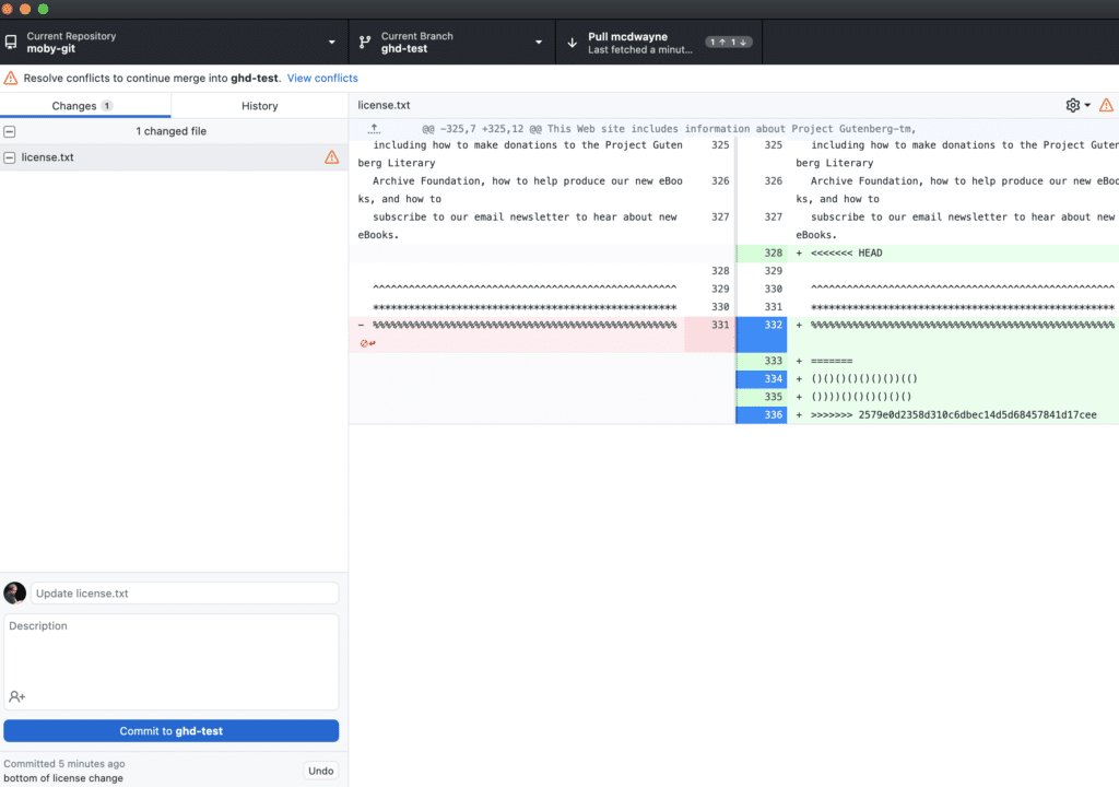 GitHub Desktop visual merge conflict editor which looks just like the command line