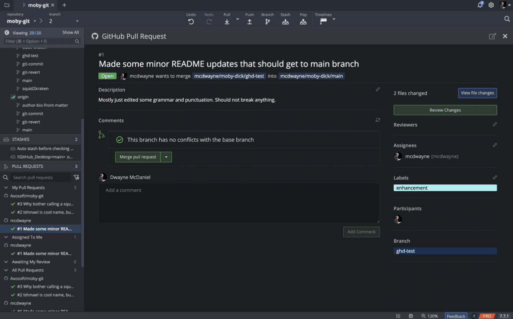 GitKraken Pull Request View with an open pull request