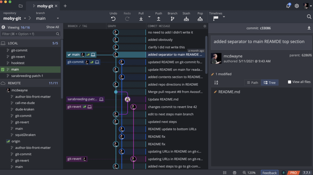 GitKraken view of a project history across branches