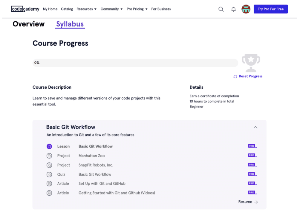 learning git codecademy course progress