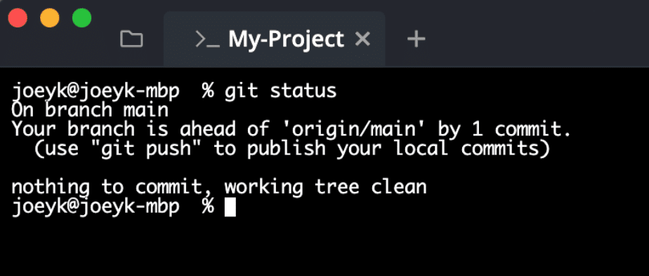 GitKraken Client terminal view showing branch is ahead of main and working tree clean
