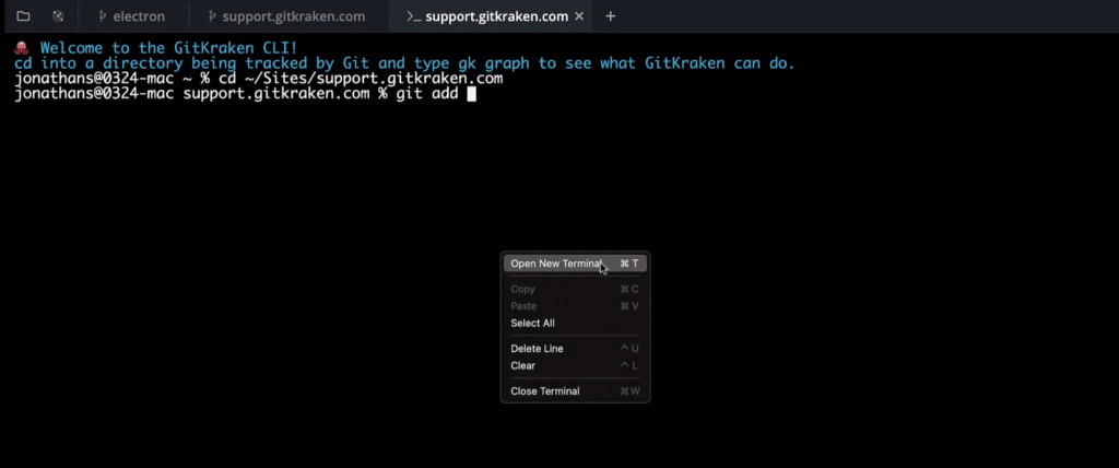 GitKraken CLI showing the new right mouse click context menu