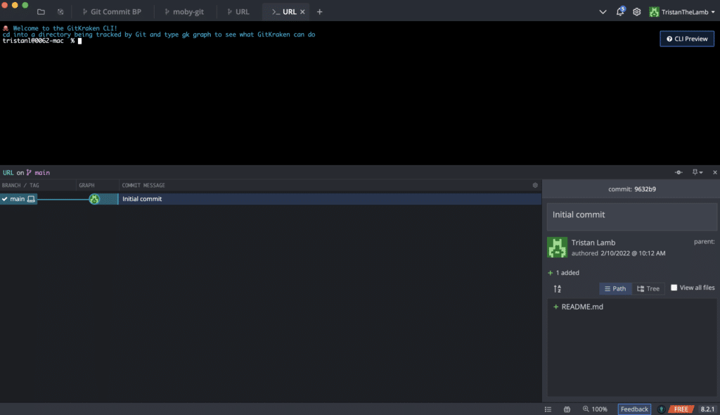 Image depicts the built in CLI interface in GitKraken Client with the terminal on top and GUI commit graph on the bottom.