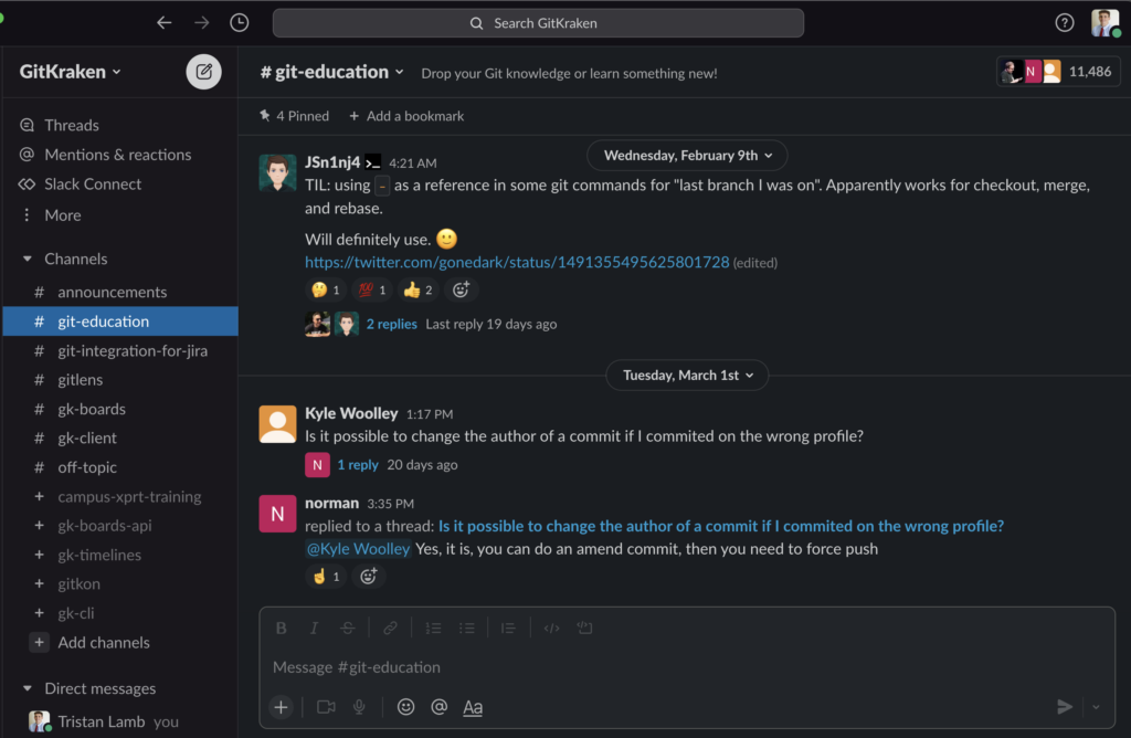 GitKraken’s Community Slack Channels with a variety of different channels to join and groups to connect with.