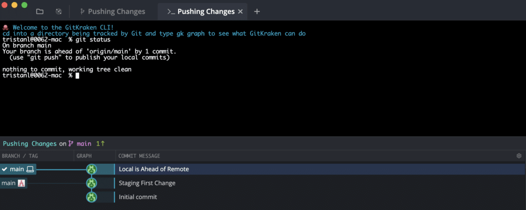 Image depicts the terminal in GitKraken Client. The commands “Git status” has been run and the text is returned, “your branch is ahead of the main by 1 commit”.