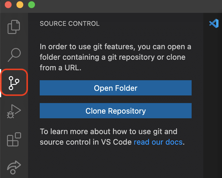2 options for working with a repository, Open Folder or Clone Repository.