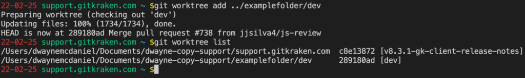 git worktree add ../examplefolder/dev