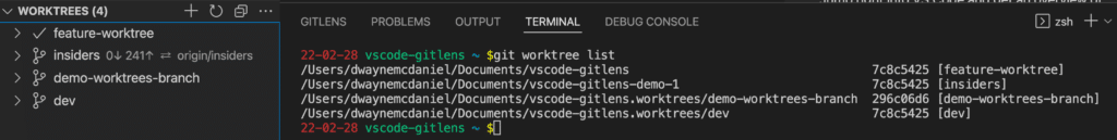 GitLens Worktree showing the newly added insiders worktree entry and confirming using git worktree list