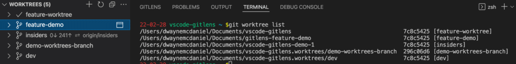 GitLens Worktree showing the newly added feature-demo worktree entry and confirming using git worktree list