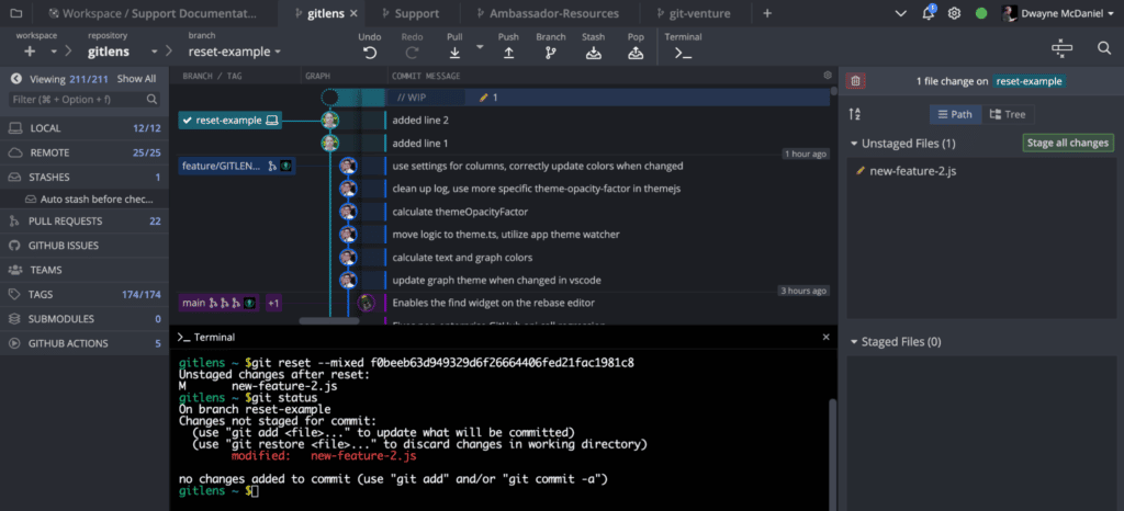 Running git reset –mixed dbbf8ad2 in the terminal and then running a Git Status to show the file feature.js as modified and unstaged using GitKraken CLI.