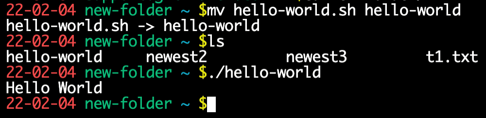 Running ./hello-world printing Hello World to the screen.