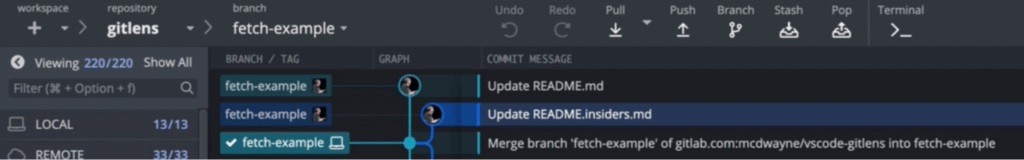 GitKraken Client showing 2 remote branches ahead of the currently checked out branch fetch-example in the commit graph.