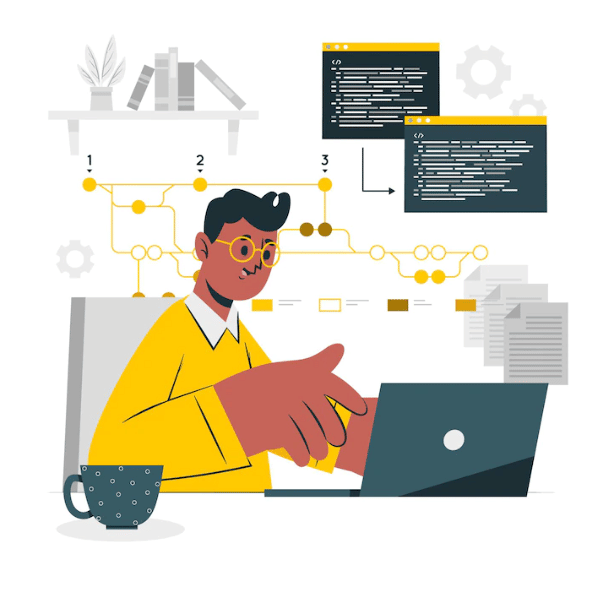 Cartoon depicts person working on multiple coding projects on a laptop computer
